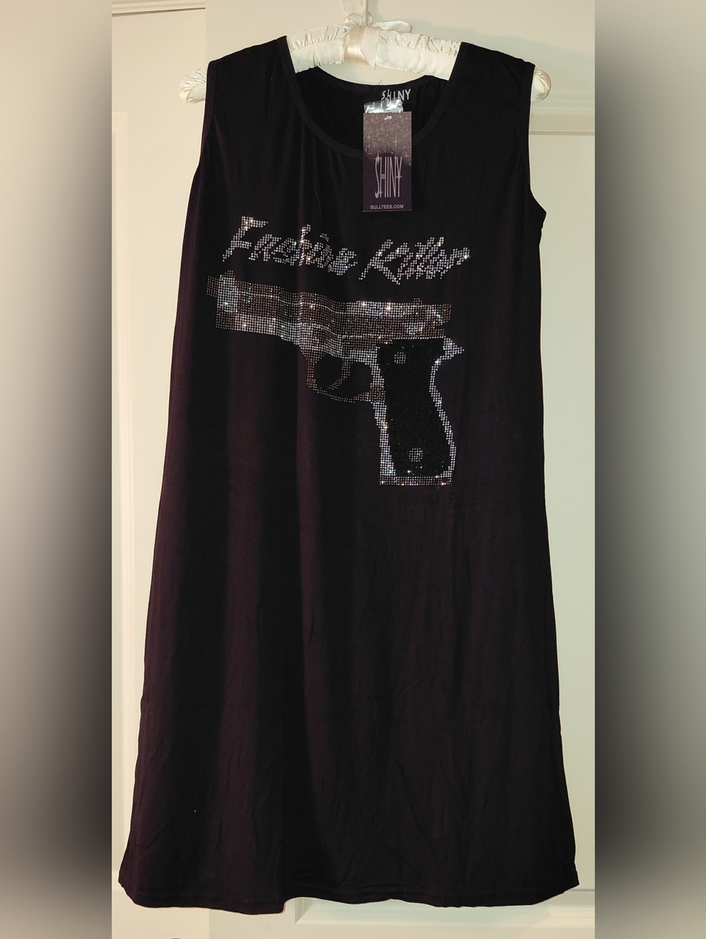 NWT SHINY black Sleeveless Dress/top Features Silver Sequined Guns. One Size